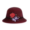 Elegant wine red faux fur cloche hat with rose embroidery and rhinestone accents - M (56-58cm) / Rose Embroidery With Rhinestone / Wine Red Style 2
