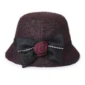 Women's burgundy tweed cloche hat with floral bow and delicate rhinestone accents - M (56-58cm) / Burgundy