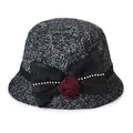 Elegant tweed cloche hat with black mesh bow, red fabric rose and crystal accents - M (56-58cm) / Gray