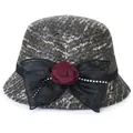 Winter wool cloche hat in grey tweed with black mesh bow and red fabric rose - M (56-58cm) / Camouflage