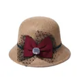 Women's camel wool cloche hat with burgundy bow, mesh veil and pompom for winter - M / Khaki