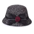 Elegant ladies wool blend bucket hat with black mesh bow and deep red rose flower - M (56-58cm) / Black Brown