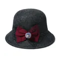Elegant dark grey wool cloche hat for women with a burgundy bow and mesh veil detail - M (56-58cm) / Dark Gray