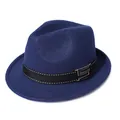Elegante marineblauwe wollen vilten jazzhoed voor dames met zwart lint en gouden gesp - M / Blauw