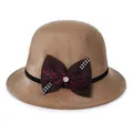 Elegant camel wool felt bowler hat for women with a rhinestone-studded bow accent - M (56-58cm) / Khaki