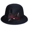 Elegant black faux fur cloche hat for women with a patterned bow and sparkling rhinestones - M (56-58cm) / Black