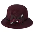 Elegant wine red wool fedora hat for women with bowknot and rhinestone decoration - M (56-58cm) / Burgundy