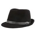 Classic black men's mink fur fedora hat with decorative leather belt and silver buckle - M (56-58cm) / Black