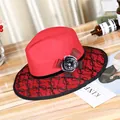 Elegant red wool fedora hat with black lace embroidery and vintage floral bow decoration - M (56-58cm) / Red