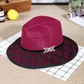 Elegant wine red wool fedora with black lace embroidery and a golden bow buckle - M (56-58cm) / Burgundy