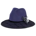 Elegant dark purple wool fedora with black lace embroidery and fur pompom detail - M (56-58cm) / Blue