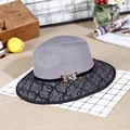 Grey wool fedora hat with black lace wide brim and gold butterfly buckle accent - M (56-58cm) / Gray