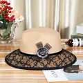 Elegant khaki wool fedora hat with black lace mesh, bow detail and faux fur pompom - M (56-58cm) / Khaki