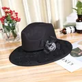 Black wool fedora with lace embroidery and a faux fur pom-pom bow detail - M (56-58cm) / Black