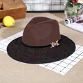 Dark brown wool jazz hat with black lace brim and gold butterfly buckle accessory - M (56-58cm) / Coffee