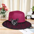 Elegant wine red wool fedora hat featuring black lace trim and a stylish faux fur pompom - M (56-58cm) / Burgundy