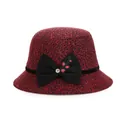 Elegant women's red and black tweed cloche hat with a bow and rhinestone accent - M (56-58cm) / Red Bow