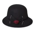 Elegant black wool cloche hat for women with a red rose and rhinestone bow accent - M (56-58cm) / Black