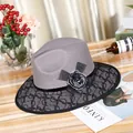 Elegant grey wool bowler hat with black lace overlay and decorative plush flower - M (56-58cm) / Gray
