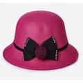 Elegant rose red wool felt cloche hat with black bow and red rose accent for women - M (56-58cm) / Rose Red