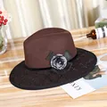 Elegant brown wool fedora with black lace veil, ribbon bow, and stylish pompom decoration - M (56-58cm) / Coffee