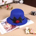 Elegant navy blue wool bowler hat featuring a dark red rose and black rhinestone bow - M (56-58cm) / Blue
