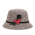 Elegant grey tweed cloche hat with red floral embroidery and black pompom detail - M (56-58cm) / Khaki Fur Ball