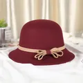 Elegant wine red wool felt bowler hat with a khaki ribbon and double bow decoration - M (56-58cm) / Burgundy