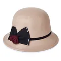 Elegant camel wool felt cloche hat with black bow and wine red rose decoration - M (56-58cm) / Khaki
