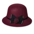 Elegant wine red wool cloche hat for women featuring a black bow and rhinestone detail - M (56-58cm) / Burgundy