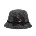 Elegant black and white tweed bucket hat featuring a velvet bow with rhinestone - M (56-58cm) / Black Bow