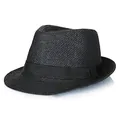 Classic black straw fedora hat for men featuring a matching black ribbon band - M (56-58cm) / Black