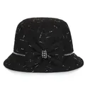 Elegant black wool bucket hat for women with tweed texture and rhinestone bow detail - M (56-58cm) / Black