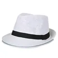 Breathable white woven paper straw fedora hat with a black decorative ribbon band - M (56-58cm) / White