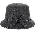 Elegant dark grey wool cloche hat for women with bow detail and metallic zip trim - M (56-58cm) / Gray