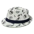 Cappello di paglia bianco intrecciato con nastro blu e stampe estive a tema surf - Crema Stampata
