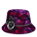 Detail of floral velvet cloche hat with plush ball ornament and crystal accent - M (56-58cm) / Burgundy