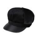 Women's black newsboy cap in faux fur and leather, stylish winter baker boy hat - M(56-58cm) / Black