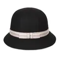 Elegante zwarte wollen cloche hoed met gestreept grijs lint en metalen oogje detail - 57cm Verstelbaar / Zwart