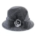 Elegant grey wool felt cloche hat with black mesh veil and pearl faux fur flower - M (56-58cm) / Light Gray
