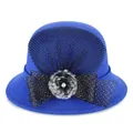 Elegant royal blue wool cloche hat with black mesh veil and pearl accent for women - M (56-58cm) / Blue