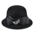 Elegant black wool cloche hat for women with mesh veil and large faux fur bow decoration - M (56-58cm) / Black