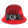 Elegant red wool felt dome hat with black mesh, leopard pom-pom and pearl accents - M (56-58cm) / Red