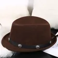 Dunkelbrauner Woll-Fedora für Kinder mit Lederband und silbernen Metall-Nieten - 52cm / Kaffeebraun