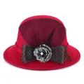 Elegant red wool cloche hat for women with black mesh veil and pearl accent - M (56-58cm) / Burgundy