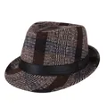 Cappello Fedora classico a quadri per autunno/inverno con fascia di raso nero - M（56-58cm） / Marrone