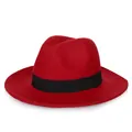 Classic red wool fedora hat with black grosgrain band, stylish vintage unisex wide brim design - 57cm / Red