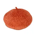 Chic orange-brown knitted beret hat with fuzzy boucle texture and top bud decoration - M (56-58cm) / Orange Red