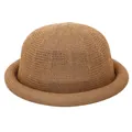 Elegant woven straw bowler hat for women with a curved brim in natural khaki color - Tan