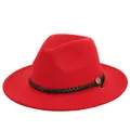 Klassieke rode wollen fedora hoed met zwarte gevlochten band en gouden wapenknop - M(56-58cm) / Rood
